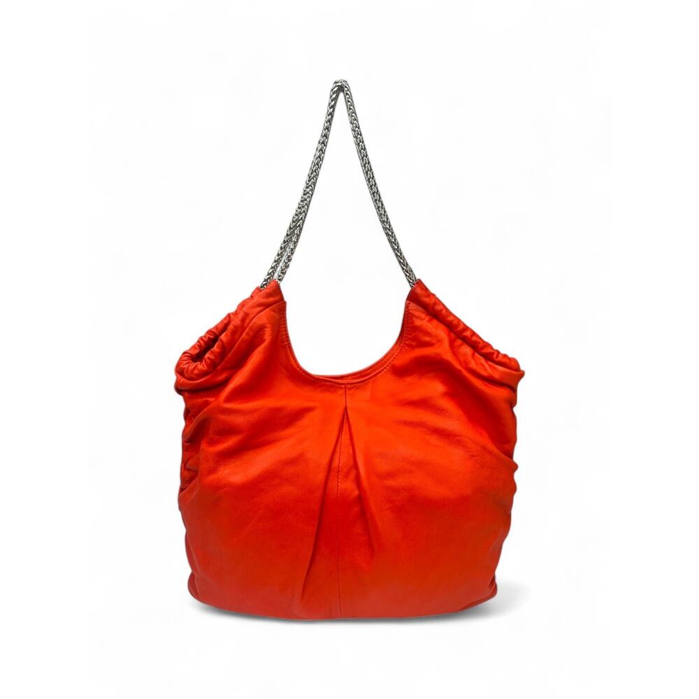 Rare Y2K Elie Tahari Red Lambskin Ruched Chain Link Slouchy Boho Hobo Bag